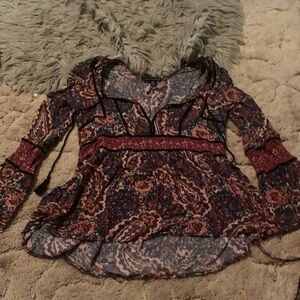 Boho Paisley Peasant Blouse in Navy and Burgundy